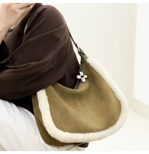 Women's Wool-Edged Crossbody Bag Fashionable Suede Cowhide Two Soft Underarm Straps Button Polyester Casual Use Winter Autumn Women's Wool-Edged Crossbody Bag Fashionable Suede Cowhide Two Soft Underarm Straps Button Polyester Casual Use Winter Autumn
